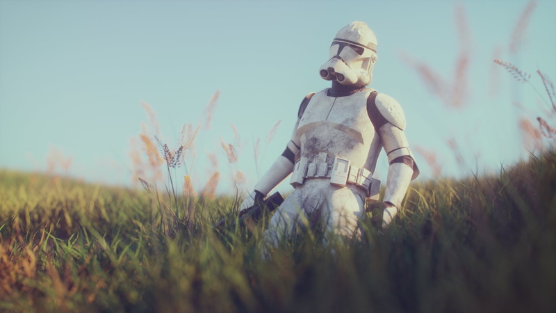 male likeness, grass, land, weapon, day, people, 1080P, Clone Trooper, contemplation, outdoors, headwear, field, three quarter length, sword, human representation