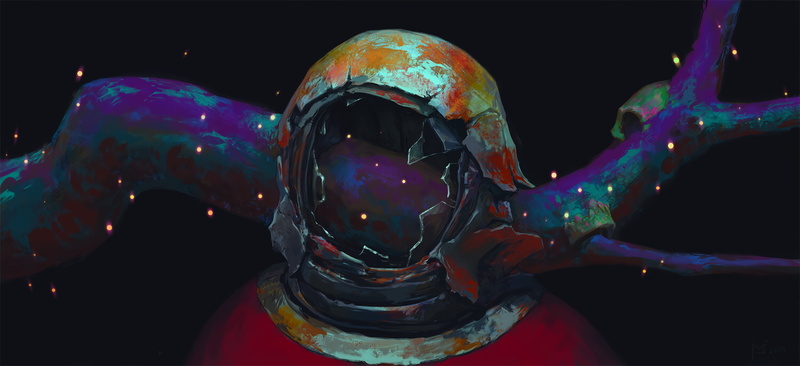 helmet, broken, skull, rust, branch, fireflies, astronaut, 2K, space suit