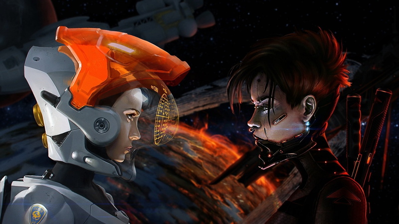 digital art, 1080P, helmet, spaceship, women, face to face, fantasy art, space station, artwork, science fiction, futuristic