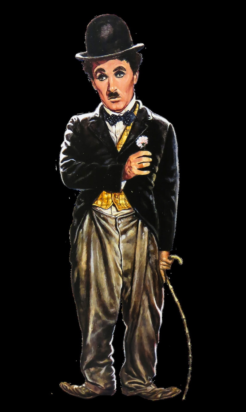 human, charlie, looking at camera, 1080P, studio shot, figure, portrait, black background, one person, young adult, chaplin, indoors, cut out, costume