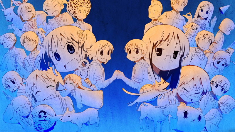 anime, representation, wall - building feature, indoors, blue, Naganohara Mio, mask, human body part, Mai Minakami, men, Nichijou, celebration