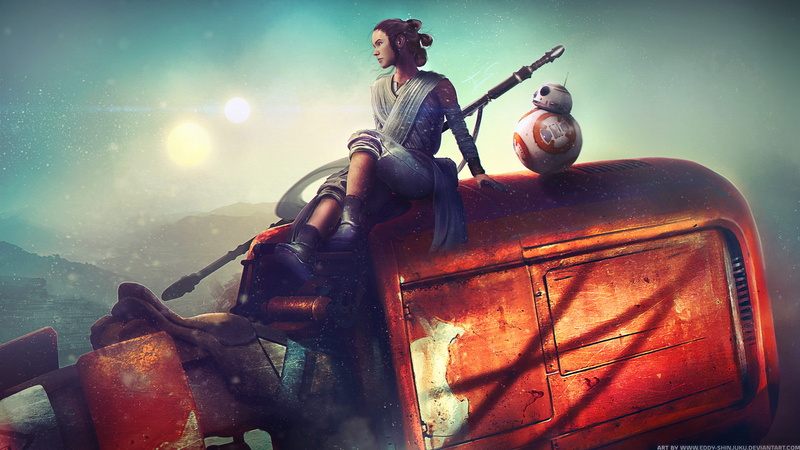 Starwars, 2K, hd, Artwork, Rey, BB8, bb
