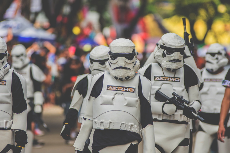 costume, uniform, day, armed forces, photography, text, fiest, shallow, focus, dress up, clothing, trooper, cosplay, focus on foreground, outdoors, rear view