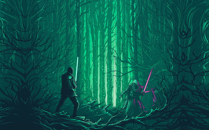 forest, film, art, land, women, growth, illustration, green, real people, starwars, two people, men, full length, leisure activity, turquoise colored, digital composite