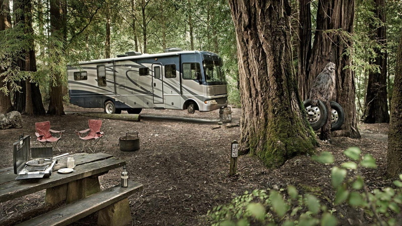 3d and abstract, big foot, stealing, forest, foot, motor home, 1080P, big, camping, tires