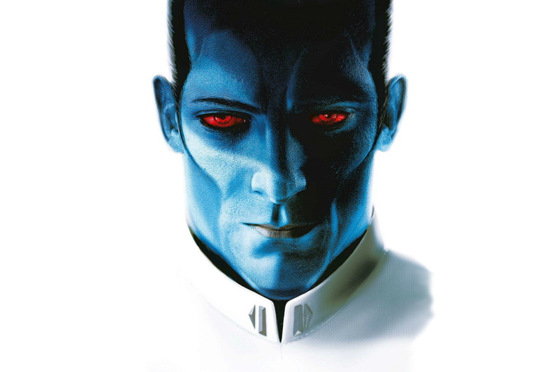 indoors, wars, copy space, headshot, blue, white background, studio shot, front view, one person, representation, star, admiral, looking at camera, thrawn
