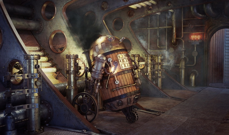 futuristic, steampunk, 1080P, wars, star, smoke, pipes, movies, robot, r2d2, art