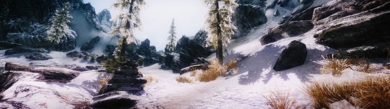 land, mountains, non-urban scene, The Elder Scrolls V: Skyrim, beauty in nature, coniferous tree, scenics - nature, stones, flowing, plant, snow, pine tree