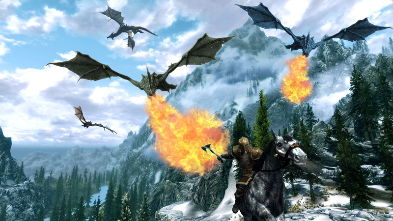 scrolls, 1080P, mountains, hd, skyrim, landscape, horse, elder, fire, video games, dragon