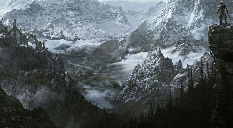environment, fog, rock - object, rock formation, cold temperature, mountain range, non-urban scene, no people, mountain, skyrim, concept art, scrolls, tranquility