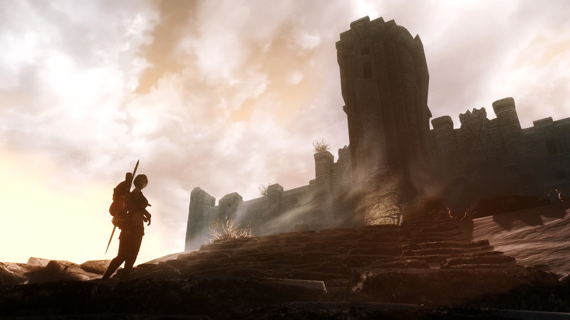 1080P, video games, silhouette, hd, skyrim, elder, castle, man, near, scrolls