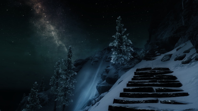 skyrim, hd, mountain, galaxy, snow, painting, scrolls, 1080P, video games, covered, elder, stairs, trees, stars