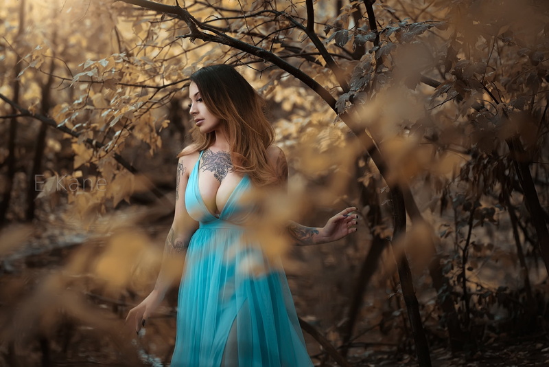beauty, forest, Evan Kane, selective focus, contemplation, neckline, hair, young women, nature, fashion, three quarter length, standing, women, blue, 1080P