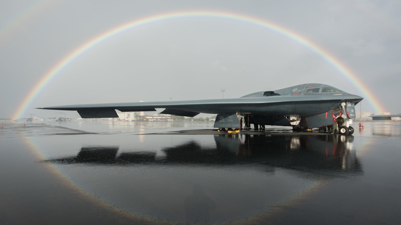 4K, rain, technology, strategic bomber, Bomber, nature, Northrop Grumman B-2 Spirit, rainbows, stealth, US Air Force