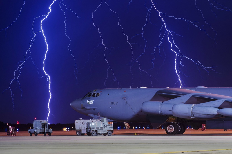 Night, 1080P, Boeing B-52 Stratofortress, Bombers, Aircraft, Warplane, Lightning, Transport Aircraft