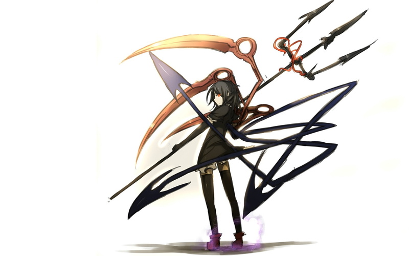 usagi, 1080P, art, nue, highs, houjuu, red, anime, thigh, hd, weapons, eyes, Touhou, girls, simple, shirogane, background