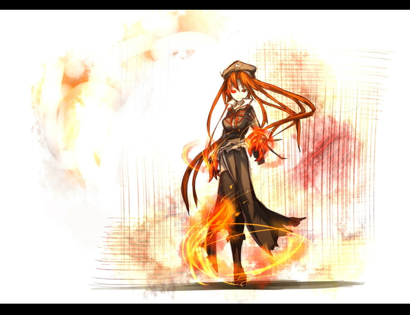 720P, Red Eyes, fire, redhead, Shirogane Usagi, anime