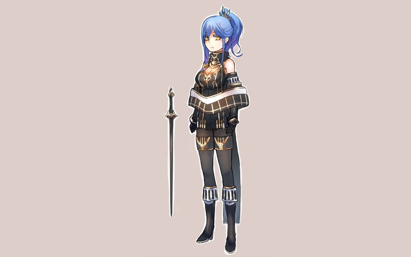 original, hair, ganesagi, breasts, cleavage, weapon, eyes, yellow, ponytail, sword, blue, 720P