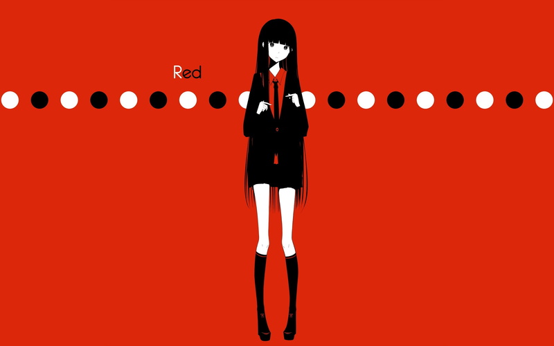 original, girls, text, background, red, black, characters, hair, tie, simple, coloring, long, circles, anime, knee, shirts, haru, shoes, skirts, selective