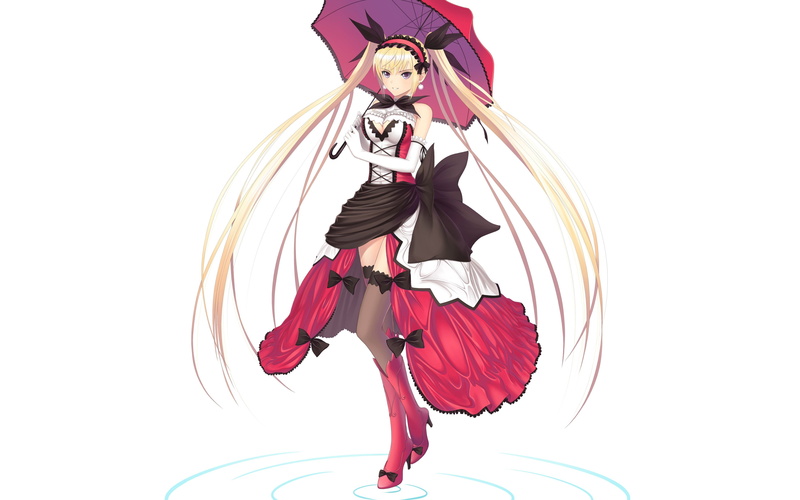 hair, bows, purple, shoes, 4K, background, blondes, dress, eyes, hearts, anime, mistral, highs, earrings, thigh, white, smiling, tony, long, taka, simple
