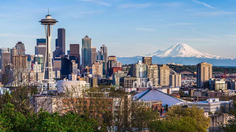 mountain, skyscraper, plant, built structure, building exterior, 1080P, seattle, city, landscape, no people, outdoors, building, tall - high, office building exterior