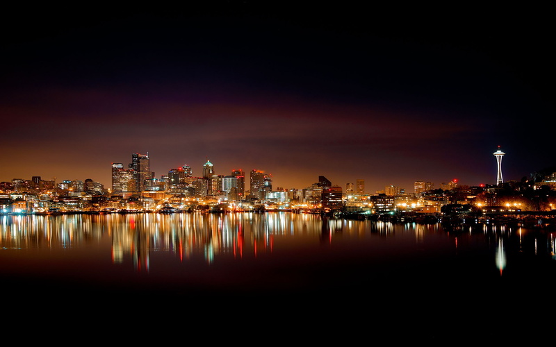 lake, 2K, reflection, Seattle, night, cityscape