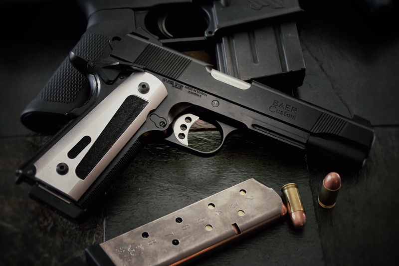 still life, safety, social issues, knife - weapon, black, sign, security, aggression, protection, weapon, ammunition, violence, handgun, BAER Custom, 1911