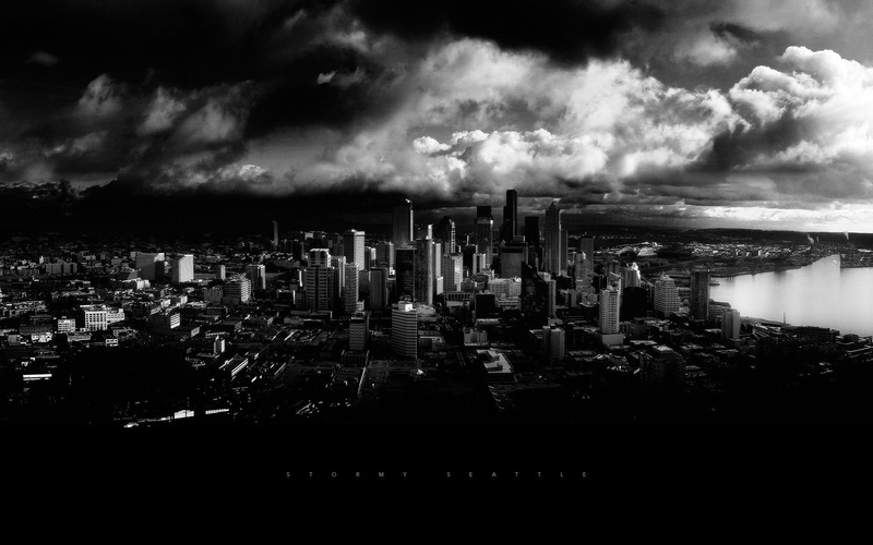 Seattle, city, built structure, cloud - sky, building, architecture, storm cloud, nature, tall - high, cityscape, dark, outdoors, no people, urban skyline