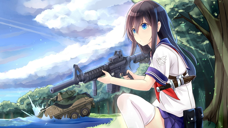 knife, clouds, brunette, weapon, 1080P, blue eyes, anime, anime girls, dark hair