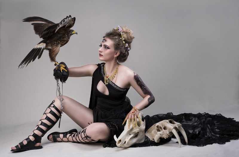 looking at camera, skull, hair, portrait, vertebrate, beautiful woman, sitting, 1080P, women, adult, hairstyle, model, full length, gray, beauty, young adult