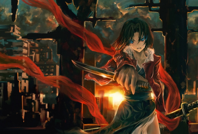adult, celebration, ruin, Ryougi Shiki, Kara no Kyoukai, real people, weapon, sword, illuminated, katana, digital composite, sunset, 720P, art and craft