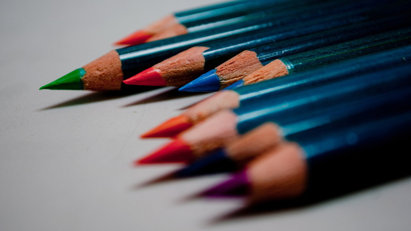 colorful, depth of field, shadow, 1080P, closeup, sharp, gray background, blue, pencils