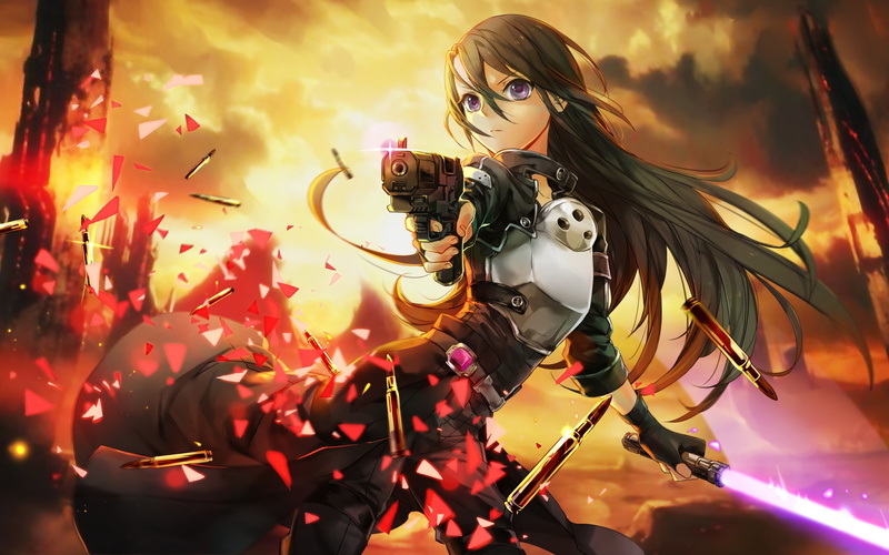 celebration, low angle view, sword art online kirigaya kazuto armor black hair cape long hair lightsaber gun purple eyes anime boys, women, adult, indoors