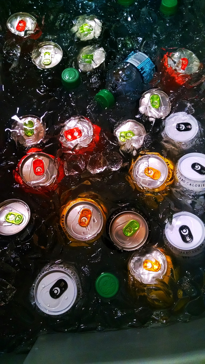 high angle view, multi colored, directly above, water, ice, bottles, art and craft equipment, drinks, beverages, art and craft, indulgence, no people, large group of objects