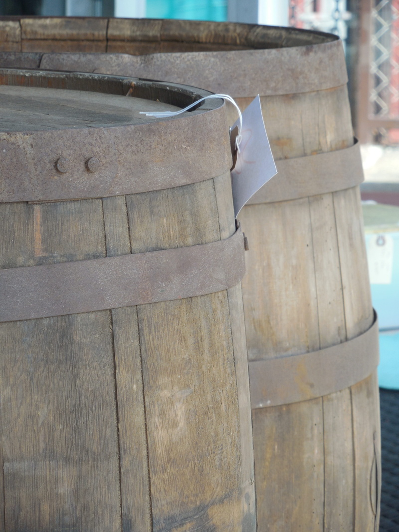 no people, old, lager, metal, beverage, boundary, in a row, brown, drum, container, outdoors, hoop, tradition, rustic, drink, oak, table, whiskey, built structure