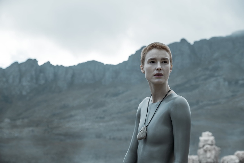 latex bodysuit, skinny, Amanda Collin, women, short hair, Raised by Wolves, necklace, mountains, black eyes, 1080P