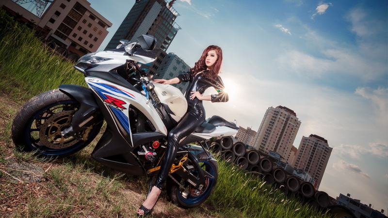 women, Asian, women with bikes, vehicle, 2K, city, Suzuki, leather, motorcycle, redhead, black dress, Suzuki GSX-R