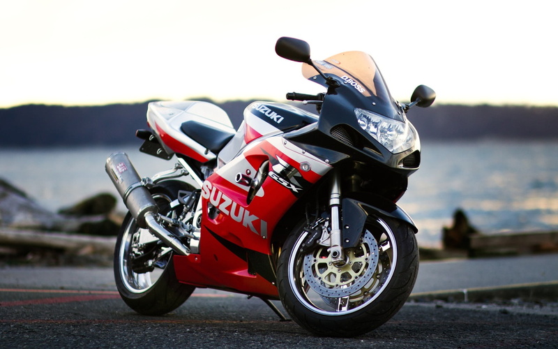 gsx, day, sky, headwear, Suzuki, red, motorcycle, city, focus on foreground, sports, land vehicle, metal, road, Motorcycles, nature, r, bike, no people