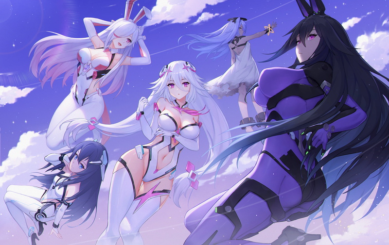 uniform, long hair, group of women, white hair, Sky Diver Xipuria, sky, clouds, bunny ears, 2K, anime girls, bodysuit, video game art