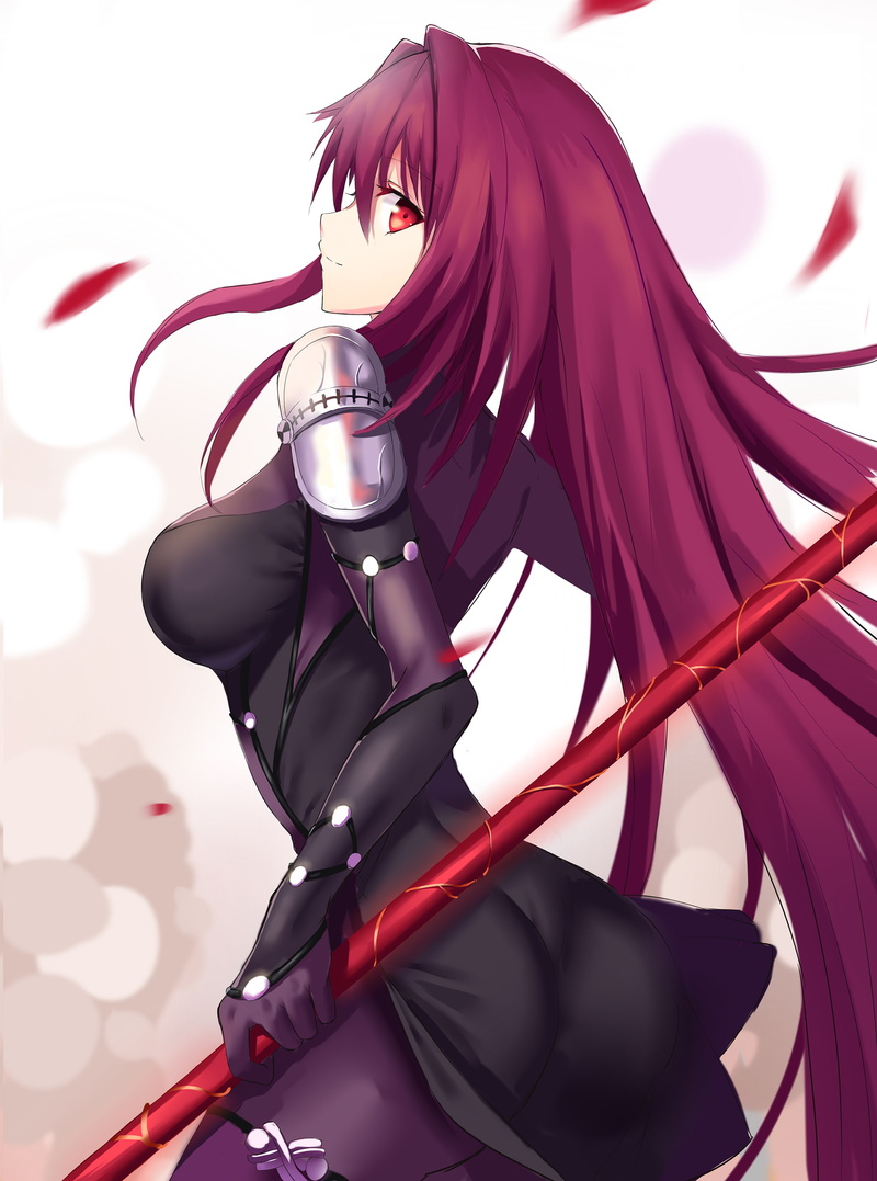 redhead, armor, FateGrand Order, Scathach ( FateGrand Order ), bodysuit, 2K, white  background, red eyes, weapon