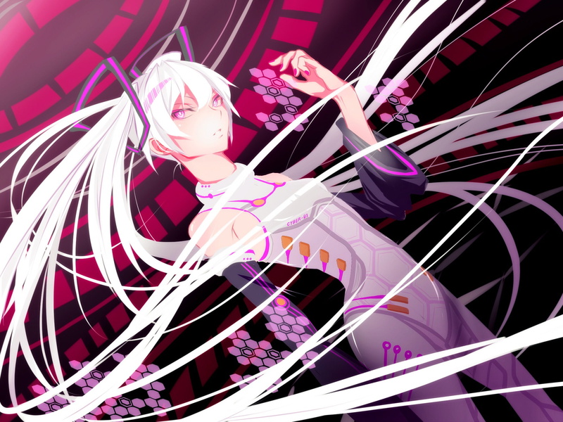 anime, twintails, 1080P, pink eyes, white hair, Hatsune Miku, anime girls, bodysuit, Vocaloid
