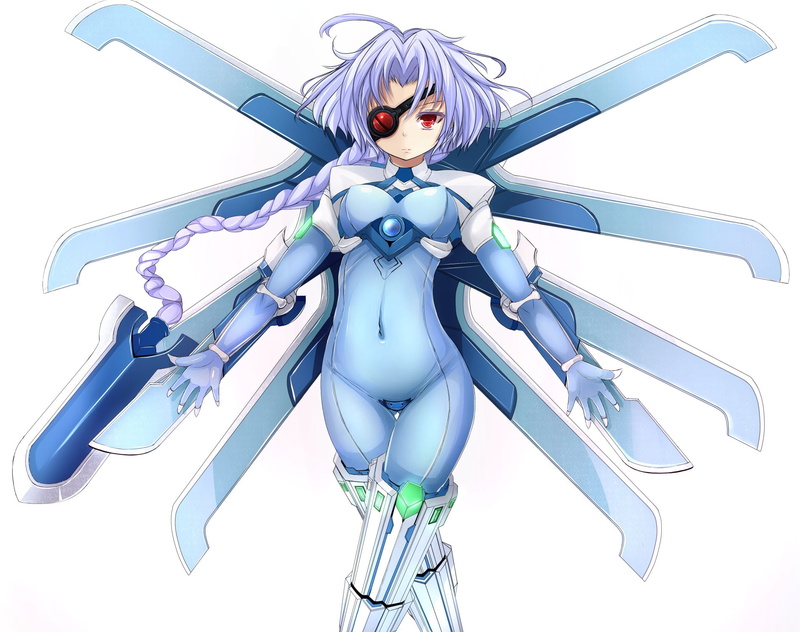 blazblue, wings, eyes, braids, 720P, hair, blue, red, long, white, nu 13, bodysuit, eyepatch, sukesan