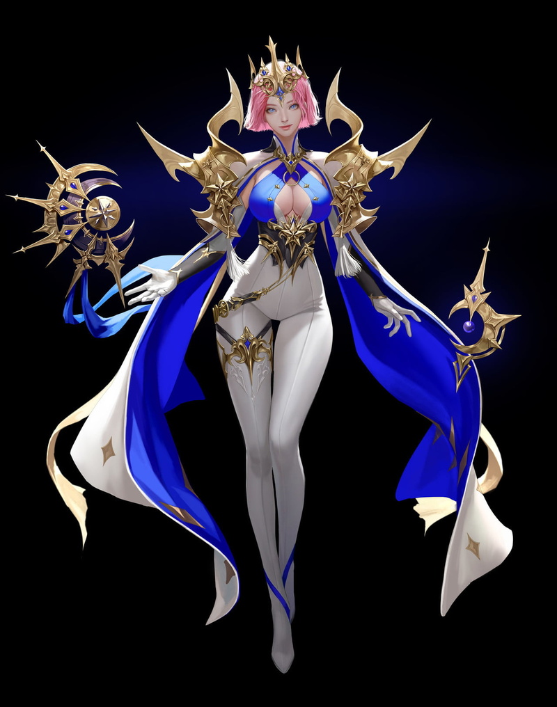 simple background, cape, armor, 720P, hair accessories, TaeKwon Kim, magician, white clothing, blue clothing, drawing, bodysuit, women, pink hair, gold