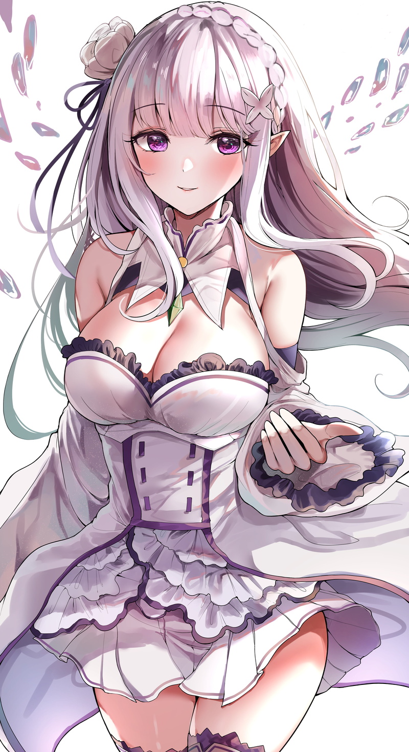 purple eyes, portrait display, long hair, anime girls, Emilia (Re: Zero), smiling, fan art, 2D, dress, Re:Zero Kara Hajimeru Isekai Seikatsu, illustration