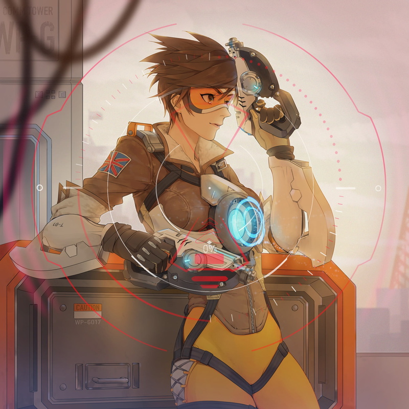 human representation, short hair, adult, creativity, mid adult, representation, digital composite, gun, indoors, Tracer (Overwatch), futuristic, front view
