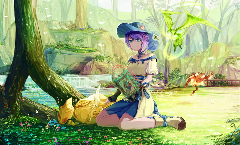 scenic, landscape, anime girl, lifestyles, nature, grass, childhood, anime style games, magic spell, tree, full length, art and craft, celebration, representation