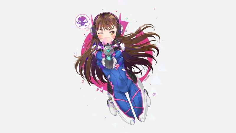 multi colored, 1080P, gun, brown hair, child, d.va, copy space, headphones, women, overwatch, Anime, anime style games, front view, studio shot, hair