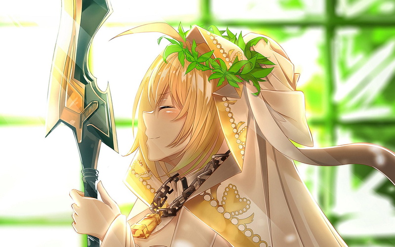fashion, blond hair, Fate/Extra, holding, lifestyles, women, plant, 1080P, hair, hairstyle, nature, Fate Series, jewelry, clothing, plant part, people