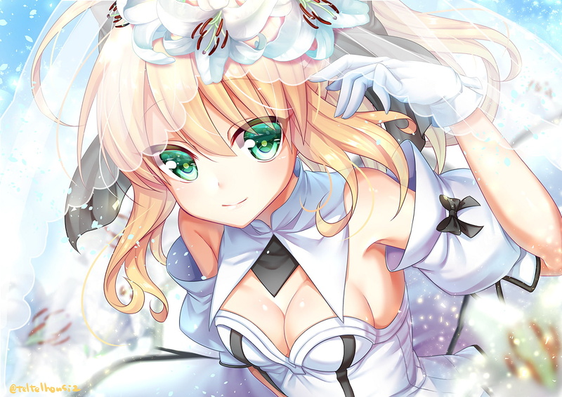 Headdress, Red Saber, Fate/Grand Order, Glitter, Blonde, 720P, Wedding Dress, Fate Series, Long Hair, Flower, Glove, Bride, Green Eyes, Smile