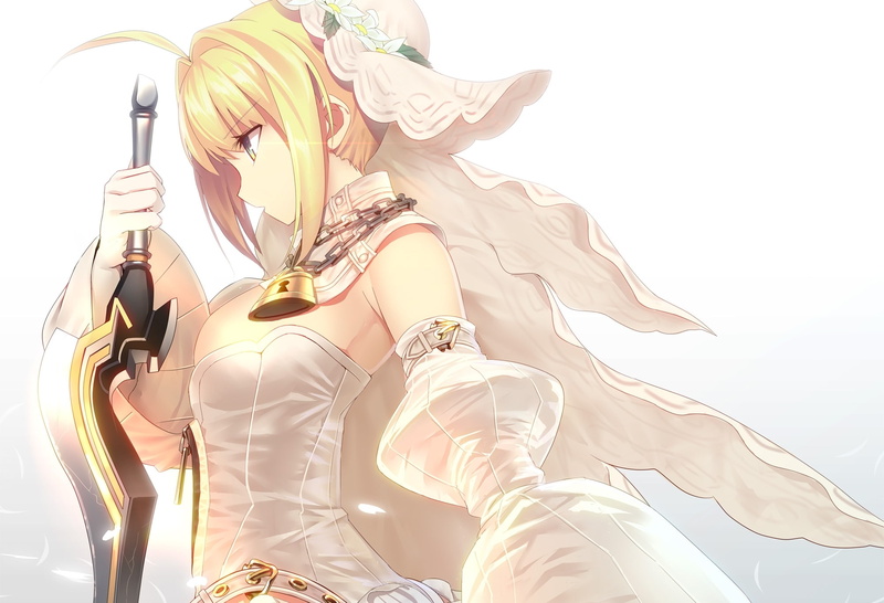 indoors, holding, art and craft, young women, young adult, fate series, blond hair, adult, Anime, day, saber, women, music, hairstyle, scarf, 1080P, profile view
